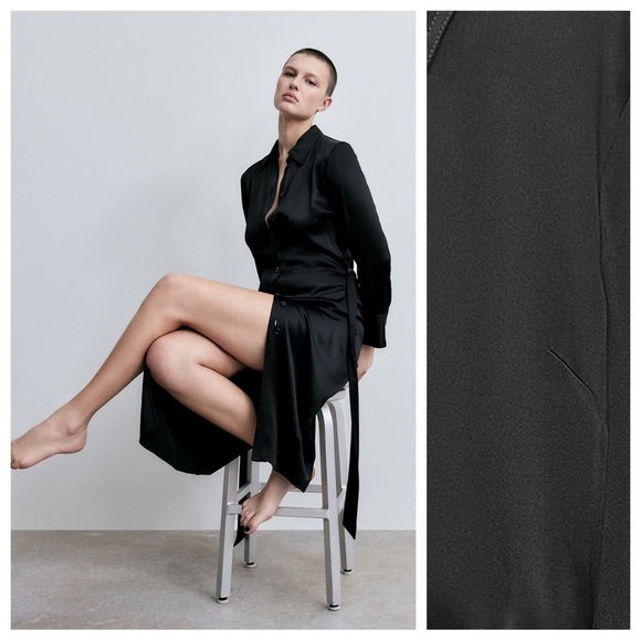 NWT. Zara Black Satin Effect Shirt Midi Dress with Belt. Size S. - Picture 2 of 10